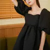 Kadınlar Elbise Yaz Vintage Zarif Mizaç Balo Puf Kollu Yüksek Bel Backless Siyah Kabarık Kısa Lady 210515