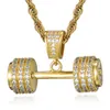 Hip Hop Bling Rhinestone Rope Chain Halsband Barbell Gym Fitness Dubbell Gold Color Hand Hängen för män smycken275g