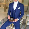 3 Pieces Suits Jackets+Pants+Vest Wedding Dress Suits For Men Blue Plaid Formal