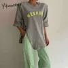 Yitimuceng Letter Print T Shirts Kvinna Split Gaffel Oversize Tees Unicolor Grå Svart Toppar Sommar Fashion Casual Tshirts 210601