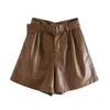 Mulheres Inverno Laranja Color PU Bermudas Shorts Faux Leather Belted 210724