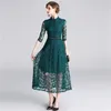 High Quality Sale Arrival Elegant Stand Collar Flower Hollow-out Long Sleeve Woman Lace Dress 210603