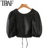 Mulheres Sexy Moda Faux Leather Slow Sleeve Cropped Blusas Vitnage Backless Drawstring Feminino Camisas Chic Tops 210507