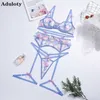 Aduloty Vrouwen Hol Verleidelijke Ondergoed Blauw Borduurwerk Bloemen Bra Thong Garters 3 PS Zomer Sexy Erotische Lingerie Set 211104