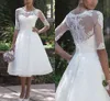 Vintage Brautkleider Brautkleid 1/2 Halbarm Spitze Applikation Kurz Maßgeschneidert Knielang Plus Size Vestidos de Novia