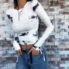 Dam T-shirt SEASONS Tie Dye Print Ribbad Dam T-shirt Crop Top Bandage Långärmad Sexiga Streetwear Sommarkläder Dragsko ASTS80273