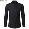 Mens Ox Slim Fit Dress Shirt Brand Mandarin Collar Long Sleeve Chemise Homme Casual Buisness Office with Pocket Black 210730