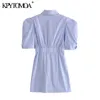 Women Chic Fashion Striped Pleated Fitted Mini Dress Vintage Puff Sleeves Button-up Female Dresses Vestidos Mujer 210416