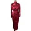 Women Sexy Splits Long Sleeve Maxi Dress High Neck Ruched Thigh Slit Evening Gown Dress Satin Evening Party Dresses 210702