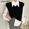 Office Lady Two Pieces Set Solid Shirt Chic Korean Loose Stickad Vest Spring Höst Fashion 2 Outfit Passar 210601