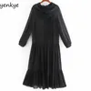 Vintage Schwarz Mit Kapuze Tüll Kleid Frauen Sexy Semi-sheer Langarm Plissee Casual Plus Größe Robe Longue CCWM9550 210514