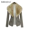 TWOTWINSTYLE grueso caqui Tweed abrigo para mujer solapa manga larga túnica Patchowrk pelusa chaqueta Casual S ropa de moda femenina 210517