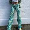 Paisley Drukuj Zielony Proste Y2K Spodnie dresowe Wysoka talia Ułożone Spodnie Kobiet Moda 2021Chic Tie Dye Ruched Spodnie dla kobiet Q0801