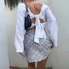 Plaid Slit Spódnica Kobiety Wysoka Waist Checkered Cara Split Mini Spódnica Chic Streetwear Blue Spódnicy Dna Faldas Mujer 210415