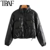 TRAF Moda Fashion Faux couro grosso quente acolchoado jaqueta casaco vintage manga comprida elástico hem feminina outerwear chique top 211007