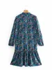 Kadınlar Vintage V Boyun Dantel Yukarı Çiçek Baskı Hem Pleats Ruffles Elbise Kadın Uzun Kollu Rahat Bir Çizgi Vestido DS4847 210416