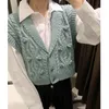 TRAF Women Fashion Bejewelled Buttons Cropped Cable-knit Vest Sweater Vintage Lapel Collar Female Waistcoat Chic Tops 210415