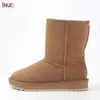 Inoe Real Sheepskin Suede Läder Kvinna Casual Hög Vinter Snö Stövlar För Kvinnor Får Ull Fur Fodrad Varm Skor Vattentät H1102