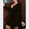 Casual Dresses Spring Auyumn Dress Women Solid V Neck Pleated Vintage Robe Femme Elegant Long Sleeve Party Office Midi Plus Size