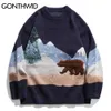 Gonthwid Snow Mountain Bear Patchwork Gebreide Jumper Truien Streetwear Mens Hip Hop Harajuku Casual Knitwear Mode Knit Tops 210818