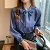 Blue Latern Lange Mouw Single-Breasted Blusas Bow V Collar Lady's Shirt Herfst Stijl Top Chiffon Blouse OL 10693 210508