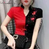 Women Cotton T-Shirts Short Sleeve Partchwork Tee Tops Summer Chinese Floral Embriodery Design For Show T03609B 210421