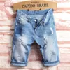 Luz azul jeans homens verão buraco moda denim shorts tamanho grande algodão alta qualidade reta joelho comprimento homens