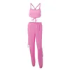 Summer Candy Pink Two Piece Pants Women Matching Set Crop Top and Joggers Female Sets Outfit