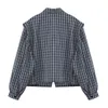 Plaid Vintage Women's Cardigan Blusar Långärmad Lapel Koreanska Lös Tröjor Kontor Ladies Casual Elegant Ins Blusas Toppar 210417