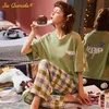 Tripulação de primavera pescoço solto mulher roupas pijamas para mulheres loungewear pjs pjs sleepwear manga curta calças xadrez casas de casa caseiro 210830