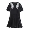 Ruffled Double-Breasted Mini Cute Lace Patchwork A-Line Elegant Stitching Black For Ladies Female Dresses 210521