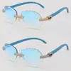 New Model Micro-paved Luxury Diamond Set Womens Men Sunglasses Blue Wood Rimless Sun glasses Male and Female Frame With Oversized Round Lens 18K Gold Driving Eyewear