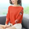 Flower Embroidery Batwing Sleeve O-Neck Spring Sweater Casual Loose Knitted Pullovers Large Size Knitwear Tops Female 210914