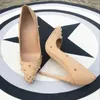 Çıplak Çıplak Koyun Derisi Sivri Perçin Stilettos Kadın Ayakkabı Seksi Bej Mat Altın Çivili İnce Topuk Parti Ziyafet Ayakkabı kutusu ve toz torbası