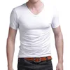 2021 Sträcka Lycra V Collar Mens T Shirt Solid Färg Kortärmad T-shirt för manliga män Tights Slim Tshirt Y0809