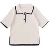 Dzianiny Camisetas De Mujer Paski Czarny Biały Krótki Rękaw Summer T Shirt Kobiety Turn-Down Collar Vintage Topy Tee 210415