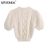 KPYTOMOA Femmes Mode Câble-Tricot Pull Court Vintage O Cou Puff Manches Femme Pulls Chic Tops 211217