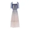 Franska sommar sequins dres elegant designer kvadrat krage midi party y2k kläder koreanska 210604
