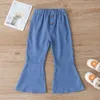 Zimowe dzieci Zestawy Z Długim Rękawem Peter Pan Collar żółty T-shirt Blue Flare Spodnie Cute 2 sztuk Dziewczyny Chłopcy Ubrania 18M-6T 210629