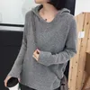 Casual Lose Koreanische Feste Herbst V-ausschnitt Langarm Hoodies Frauen Gestrickte Jumper Dünne Mit Kapuze Sweatshirt 11742 210415