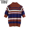 TRAF Women Fashion Metallic Thread Striped Knitted Sweater Vintage High Neck Short Sleeve Female Pullovers Chic Tops 210415