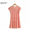 Zevity Women Sweet Butterfly Rękaw Solid Color Pleat Mini Dress Kobieta Patchwork Casual Ruffles Vestido Chic Dresses DS4366 210603