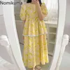 Nomikuma gul blommig tryckta klänning kvinnor o neck puff ärm en linje klänningar sommar mode koreansk stil robe femme 210514