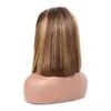 Perruque Bob Lace Front Wig brésilienne naturelle, cheveux lisses, à reflets bruns et blonds, ombré, courte, couleur hd, densité 150%