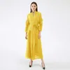 DEAT Summer Fashion Women's Pleated Coat Solid Full Sleeve V-neck Loose Elegant Long Length Sashes Slim Ruffles TX803 210812