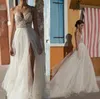 Gali Karten lange Kleid Strand Brautkleider Side Split Spaghetti Illusion Sexy Boho Sweep Zug Pearls Backless Bohemische Brautkleider