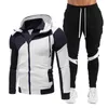 Mäns Hoodies Sweatshirts 2021 Winter Fleece Multicolor Patchwork Link Hoodie + Sweatpants Suit Fashion Sports and Leisure 2-Piece Set