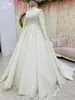 Vintage Islamic Muslim A Line Wedding Dresses Bridal Gowns Pattern Lace Appliques High Collar Long Sleeves Beading Arabic Dubai Formal Bride Dress 2022