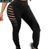 Moda Kadınlar Yüksek Bel Pantolon Siyah Delik Elastik Skinny Bayanlar Joggers Uzun Kalem Pantolon Spor Kadınlar Femme Pantalon 210520