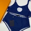 Classic Letter Bandage Women Bathing Suit Floral Trendy Blue Sexy Bikini Backless Summer Charm Swimsuit Two Piece Party Swimwear